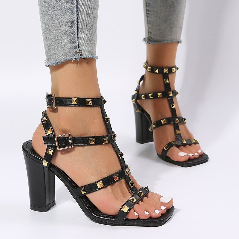 Rivet Sandals Women Buckle Strap Square-toe High Heels Shoes Gladiator - adorables