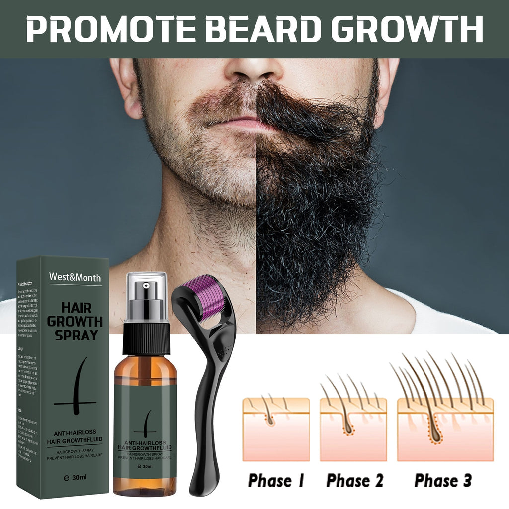 Men Beard Growth Spray Nourishing Moisturizing Beard Care Serum Roller Set Thick Beard Growth Enhancer Maintenance Hair Loss - adorables