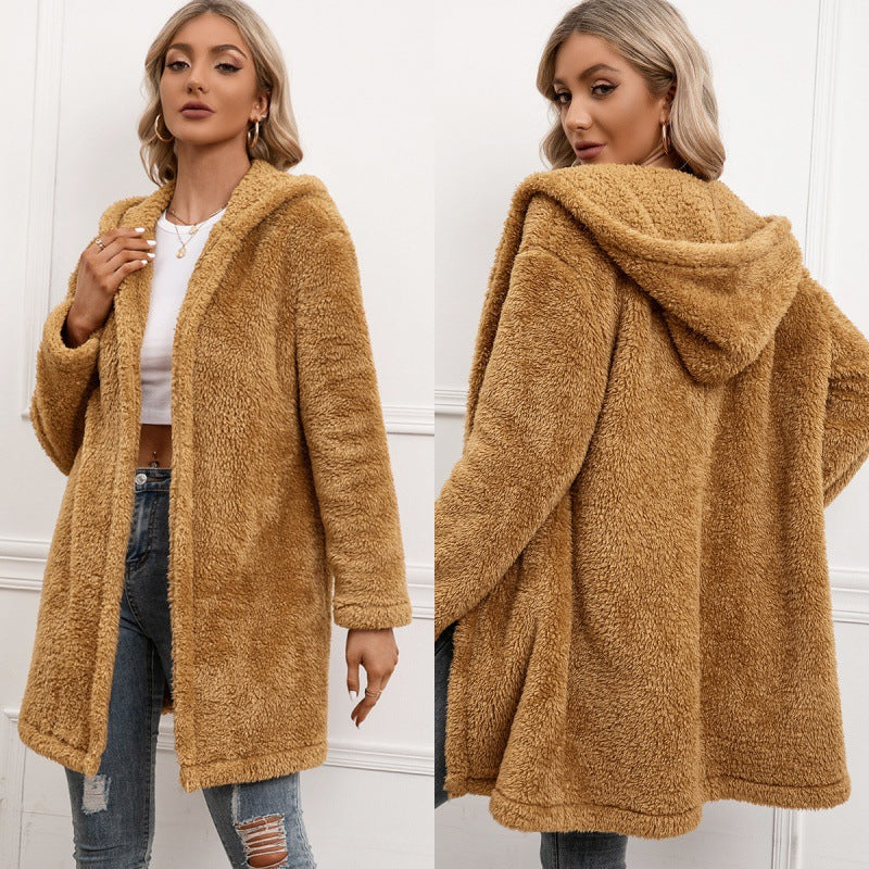 Lamb Wool Mid-length Cardigan Hooded Trench Coat - adorables