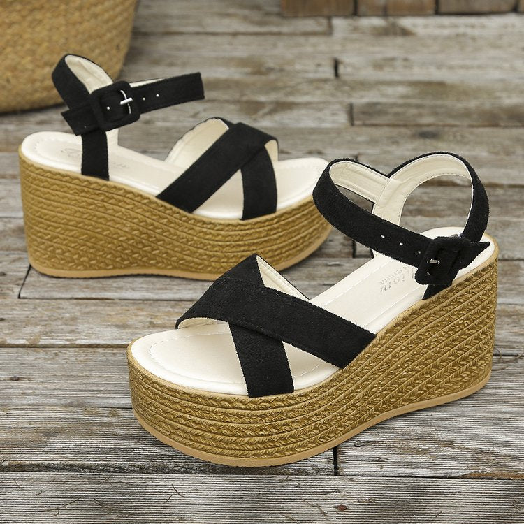 Wedge Sandals For Women Summer Casual Non-slip Cross-strap Platform Shoes With Hemp Heels Shoes - adorables