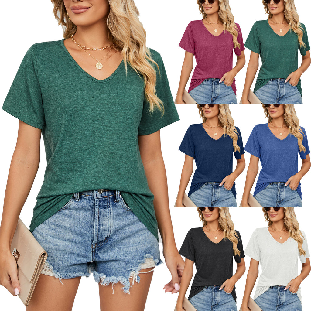 Spring Summer New Short Sleeves V-neck Pleated Solid Color Loose-fitting T-shirt Top Women - adorables