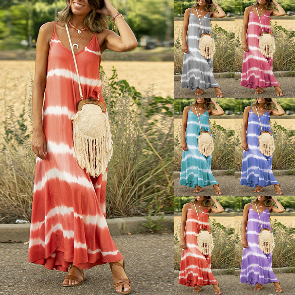 Women's Printed Striped Plus Size Maxi Loose Dress - adorables